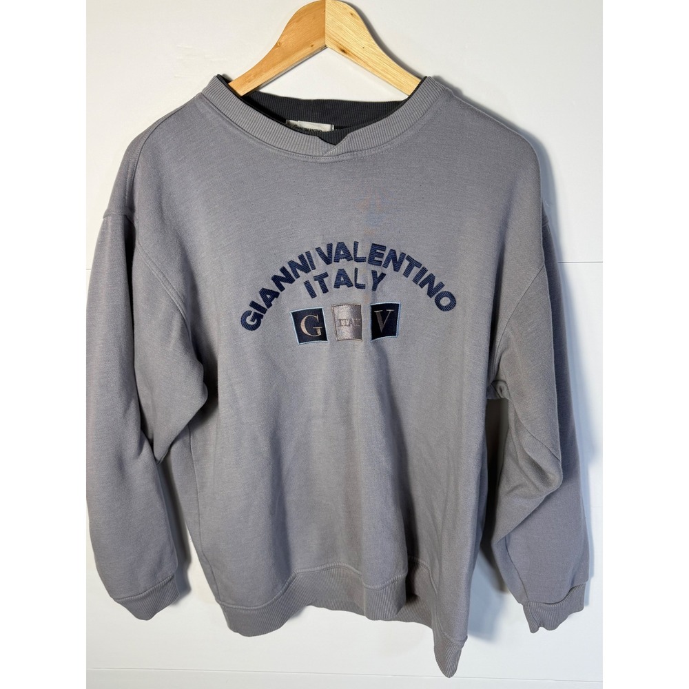 Gianni Valentino Italy Embroidered Sweatshirt Grey Vintage Crewneck GV Logo
